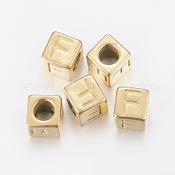 Perles européennes de lettre avec gros trou en 304 acier inoxydable, trou horizontal, cube avec letter.f, or, 8x8x8mm, Trou: 5mm