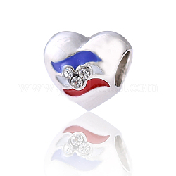 Perles en alliage, avec strass, Perles avec un grand trou   , coeur avec le drapeau national de la france, platine, cristal, 6~9x2~2.5mm