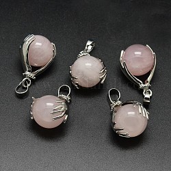 Colgantes de cuarzo rosa natural de latón chapado en platino de palma, sin plomo y cadmio, 27x19x16mm, agujero: 4x8 mm