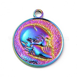 Ion Plating(IP) 201 Stainless Steel Pendants, Flat Round with Skull, Rainbow Color, 23.5x20x3mm, Hole: 2.5mm
