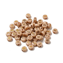 Plating Acrylic Beads, Golden Metal Enlaced, Horizontal Hole, Flat Round with Letter, Wheat, 6.5~7x3.5~4mm, Hole: 1.6mm, about 3600g/500g