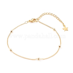 Brass Curb Chain Bracelets, with Round Beads and 304 Stainless Steel Lobster Claw Clasps, Golden, 7-1/2 inch(19.2cm)