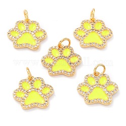 Real 18K Gold Plated Brass Micro Pave Cubic Zirconia Charms, with Jump Ring and Enamel, Long-Lasting Plated, Dog Paw Prints, Yellow, 13.5x15x2mm, Jump Ring: 5x1mm, 3mm Inner Diameter