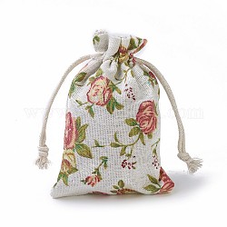 黄麻布製梱包袋ポーチ  巾着袋  バラ模様の長方形  カラフル  14~14.4x10~10.2cm