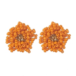 Orecchini a bottone con fiore di perline intrecciati con semi di vetro, oro 304 gioielli in acciaio inossidabile per le donne, arancione, 25~27x22~23mm, ago :0.8mm