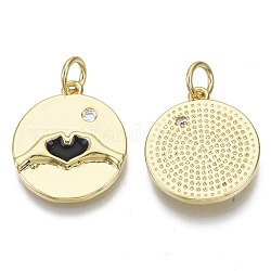 Brass Micro Pave Cubic Zirconia Pendants, with Enamel & Jump Rings, Nickel Free, Valentine's Day, Flat Round with Heart, Clear, Real 18K Gold Plated, Black, 18x16x2.5mm, Jump Ring: 5.5x0.8mm, inner diameter: 3mm.