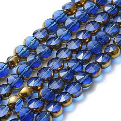 Brins de perles de verre transparentes à moitié plaquées par galvanoplastie, antique bronze plaqué, plat rond, facette, bleu moyen, 6x5mm, Trou: 1.2mm, Environ 50 pcs/chapelet, 11.22'' (28.5 cm)