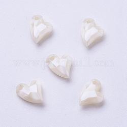 Ciondoli acrilico, imitazione perla, cuore, sfaccettato, bianco floreale, 11x9x4mm, Foro: 0.5 mm