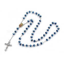 Legierung Anhänger Halsketten, mit Glas und 304 Edelstahl-Rolo-Ketten, Kruzifix Kreuz, für Ostern, Blau, 27.55 Zoll (70 cm)