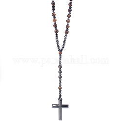 Collier de perles chapelet en oeil de tigre naturel, collier pendentif croix en hématite synthétique, 27.56 pouce (70 cm)