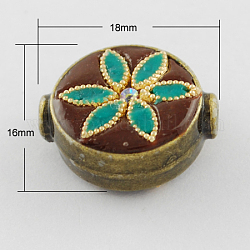 Handmade Indonesia Beads, with Alloy Cores, Flat Round, Antique Bronze, Coconut Brown, 18x16x8mm, Hole: 1.5mm