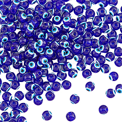 Hobbysay Backen bemalter Glasperlen, Runde mit bösen Blick, Blau, 6x5 mm, Bohrung: 1.2 mm, ca. 63~68 Stk. / Strang, 13.70~15.04 (34.8~38.2 cm), 4 Stränge / Box