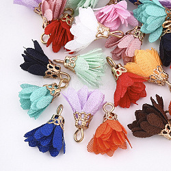 Cloth Pendants, with Iron Findings, Flower, Light Gold, Mixed Color, 17~20x10~16mm, Hole: 2mm