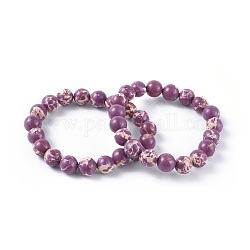 Bracelets extensibles en perles de jaspe impérial synthétiques, ronde, Prune, 2 pouce ~ 2-1/8 pouces (5.2~5.5 cm), perle: 10 mm