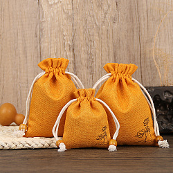 Lin sacs à cordon, rectangle avec motif fleur de lotus et perles, orange, 14x10 cm