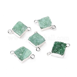Connettori di collegamenti in quarzo naturale druzy, con accessori di ottone, quadrato, argento, verde, 16~18x13~14x6~8mm, Foro: 2 mm