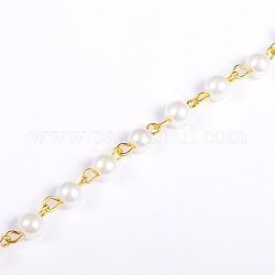 Ручной круглые стекла жемчуг цепи для ожерелья браслеты делает, с золотым штифтом для глаз, несварные, белые, 39.3 дюйм, бусина : 6 mm