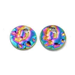 Ion Plating(IP) 304 Stainless Steel Pendants, Textured, Flat Round Charm, Rainbow Color, 8x1mm, Hole: 1.2mm