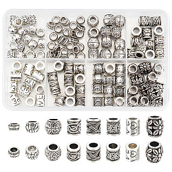 Nbeads 115pcs 8 Stil tibetischen Stil Legierung europäische Perlen, Großloch perlen, Unterlegscheibe/Säule/Fass, Antik Silber Farbe, 7~11x3.5~9 mm, Bohrung: 4~5 mm