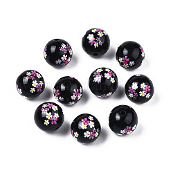 Perles opaques faits à la main en acrylique de fleurs imprimées, ronde, noir, 9x9.5mm, Trou: 1.8mm