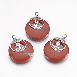 Pendentifs de jaspe rouge naturel, avec les accessoires en laiton de tonalité de platine, plat et circulaire avec arbre de vie, 32x28x6mm, Trou: 4x5mm