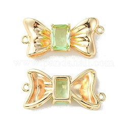 Brass Pave Cubic Zirconia Connector Charms, Real 18K Gold Plated, Bowknot Links, Light Green, 11x23x4.5mm, Hole: 1mm
