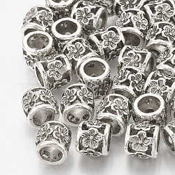 Tibetischer stil legierung perlen, Großloch perlen, Säule mit Blumen, Antik Silber Farbe, 10x9 mm, Bohrung: 6 mm