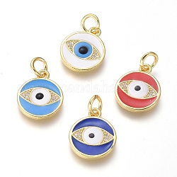 Brass Micro Pave Cubic Zirconia Pendants, with Enamel, Flat Round and Eye, Clear, Golden, 16x13x2.5mm, Hole: 3.4mm
