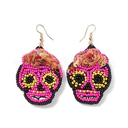 Хэллоуин череп стеклянные семена плетеные большие серьги с подвесками, 316 украшение из нержавеющей стали для женщин, ярко-розовый, 70 мм, штифты : 0.6 мм