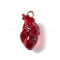 Pendenti in resina trasparente, ciondoli cuore anatomico, con passanti in ferro placcato oro, rosso scuro, 20.5~21.5x11.5x11mm, Foro: 2 mm