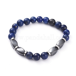Bracelets extensibles en perles de lapis-lazuli naturel (teint), avec des perles d'hématite synthétiques non magnétiques et des perles d'espacement en laiton, 2-1/8 pouce (55 mm)