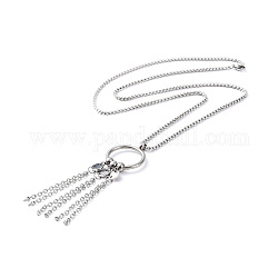 304 Stainless Steel Ring with Tassel Pendant Necklace with Box Chains for Women, Stainless Steel Color, 24.21 inch(61.5cm)