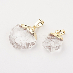 Pendentifs de cristal de quartz naturel, pendentifs en cristal de roche, avec les accessoires en laiton, pépites, or, 18~25x14~21x6~7mm, Trou: 4x6mm