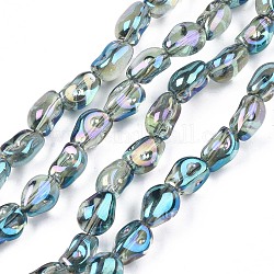 Electroplate Transparent Glass Beads Strands, AB Color Plated, Snake, Medium Aquamarine, 8.5~9.5x7x6mm, Hole: 1mm, about 100pcs/strand, 33.86inch~34.65 inch(86~88cm)