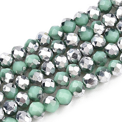 Electroplate Opaque Glass Beads Strands, Half Silver Plated, Faceted, Rondelle, Light Green, 4x3mm, Hole: 0.4mm, about 123~127pcs/strand, 16.5~16.9 inch(42~43cm)
