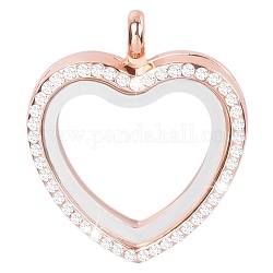 Alloy & Glass Floating Locket Pendants, with Rhinestone and Magnet, Heart Charm, Rose Gold, 35x30x7mm