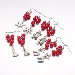 Gemischte Weihnachtsthema tibetischen Stil Legierung baumeln Ohrringe, mit Glas-Perlen und Messing Ohrhaken, rot, 62~65 mm, Stift: 0.6 mm