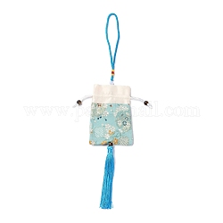 Bustina di broccato, borsa ricamata floreale con coulisse, rettangolo con nappa, azzurro, 42cm, borsa: 12.5x8.8x0.2 cm, tallone: ​​0.8~0.9 cm, Nappa: 12.5x1cm