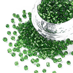 Abalorios de la semilla de cristal transparente, agujero redondo forrado de plata, redondo, verde, 2.5~3.5x1.5~3mm, agujero: 0.7~1 mm, alrededor de 450 g / libra