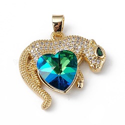 Real 18K Gold Plated Rack Plating Brass Micro Pave Clear Cubic Zirconia Pendants, with Glass, Long-Lasting Plated, Cadmium Free & Lead Free, Leopard with Heart Charm, Medium Blue, 24.5x25x8.2mm, Hole: 5x3.2mm