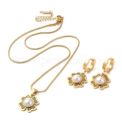 Set di gioielli in acciaio inossidabile con fiore 304, orecchini a cerchio pendenti con perle di plastica e collana pendente, oro, collane: 402mm; orecchino: 32x16.5 mm