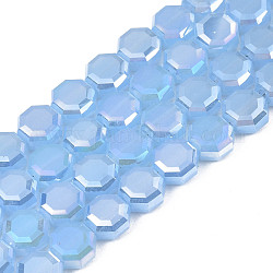 Galvanisieren Glasperlen, imitatorische Jade Perlen, ab Farbe plattiert, facettiert, Achteck, Kornblumenblau, 7~8x7~8x4 mm, Bohrung: 1.2 mm, ca. 72 Stk. / Strang, 20.47 Zoll (52 cm)
