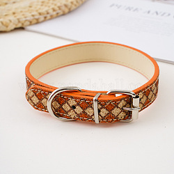 Adjustable Imitation Leather Pet Collars, with Glitter Powder, Rhombus Pattern Cat Dog Choker Necklace, Coral, 370x15mm