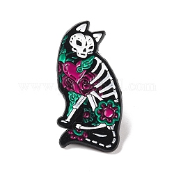 Gato esqueleto con pin de esmalte de flores para halloween, insignia de aleación para ropa de mochila, electroforesis negro, colorido, 35.5x18x1.5mm, pin: 1 mm