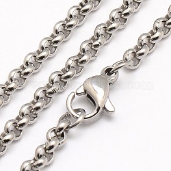 Trendy Men's 304 Stainless Steel Cross Rolo Chain Necklaces, with Lobster Clasps, Stainless Steel Color, 17.7 inch(44.9cm), 3mm