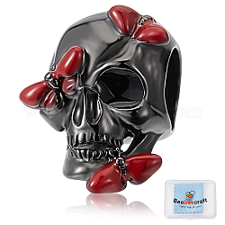 Beebeecraft 1Pc 925 Sterling Silver European Beads, Large Hole Beads, with Enamel, Skull with Butterfly, Dark Red, 12x8.5x8mm, Hole: 4.5mm