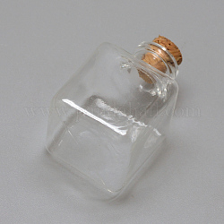 Contenants de perles de bouteilles en verre, avec bouchon en liège, souhaitant bouteille, cube, clair, 33x22x22mm, Trou: 6.5mm, goulot d'étranglement: 10mm de diamètre, capacité: 8 ml (0.27 oz liq.)