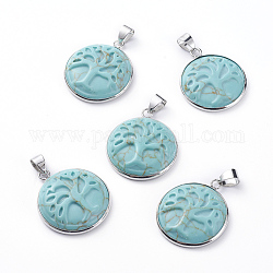 Synthetic Turquoise Pendants, with Platinum Tone Brass Pendant Settings, Flat Round with Tree, 28~29x24~25x6~7mm, Hole: 6x4mm