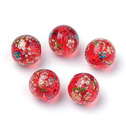 Perles en verre imprimées, ronde avec motif de fleurs, rouge, 11~12x11mm, Trou: 1.5mm
