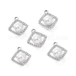Alloy Rhinestone Pendants, with ABS Plastic Imitation Pearl Beads, Rhombus Charm, Platinum, 22.5x18.5x9mm, Hole: 2.5mm